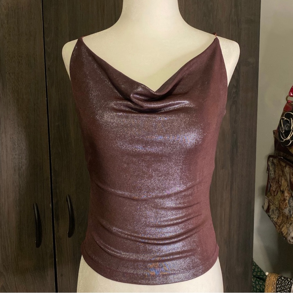 Necessary objects vintage shimmery purple cowl neck drape top
